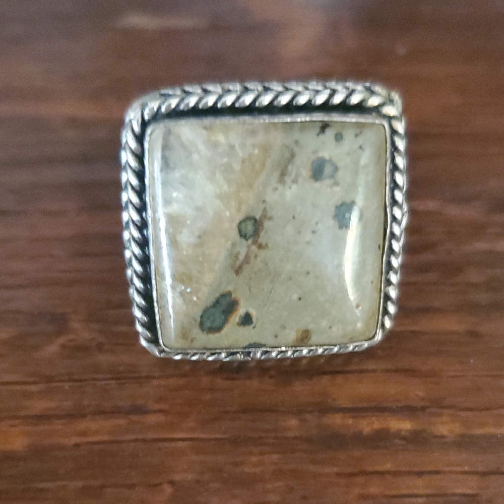 Jasper Square 925 Silver Unisex Square Stone  Ring Size 8